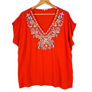 Womens Top XL Red Boho Floral Embroidered Peasant Hippie Cottagecore Festival‎